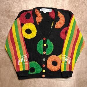 Vintage 90s Eagle's Eye Lifesavers Candy Print Cardigan Sweater Halloween Party